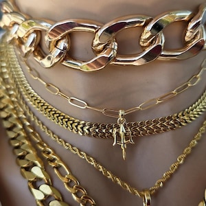 Gold Tritan Ocean Theme Layered Multi Strand Chunky Chain Pendant Necklace Set - Handmade Oversized Stacked statement jewelry gift for her