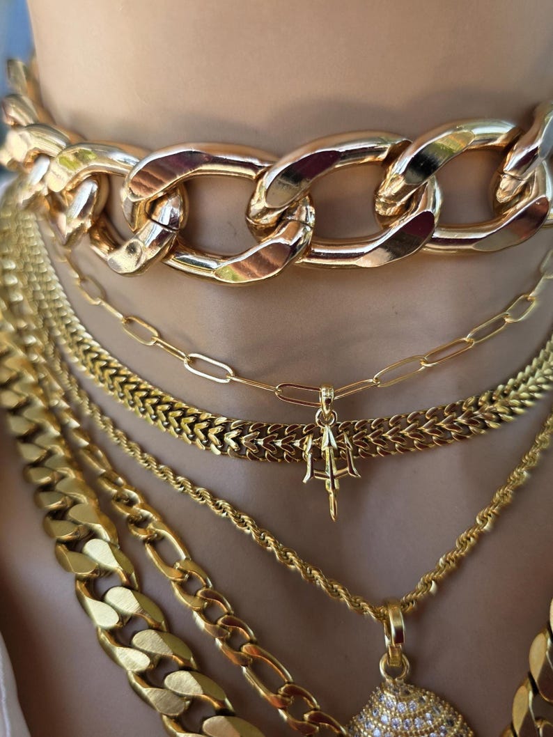 Gold Tritan Ocean Theme Layered Multi Strand Chunky Chain Pendant Necklace Set - Handmade Oversized Stacked statement jewelry gift for her