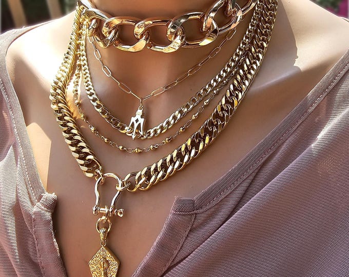 Gold Layered Multi Strand Chunky Chain Choker Collar Necklace Set - Handmade Luxury statement jewelry