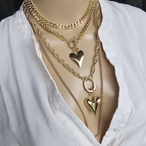 Gold Heart Pendant Necklaces Layered Set Multi Strand Chunky Choker Collar Statement Jewelry-Handmade aesthetic stacked jewelry gift for her