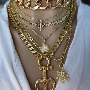 Gold Tritan Ocean Theme Layered Multi Strand Chunky Chain Pendant Necklace Set - Handmade Oversized Stacked statement jewelry gift for her