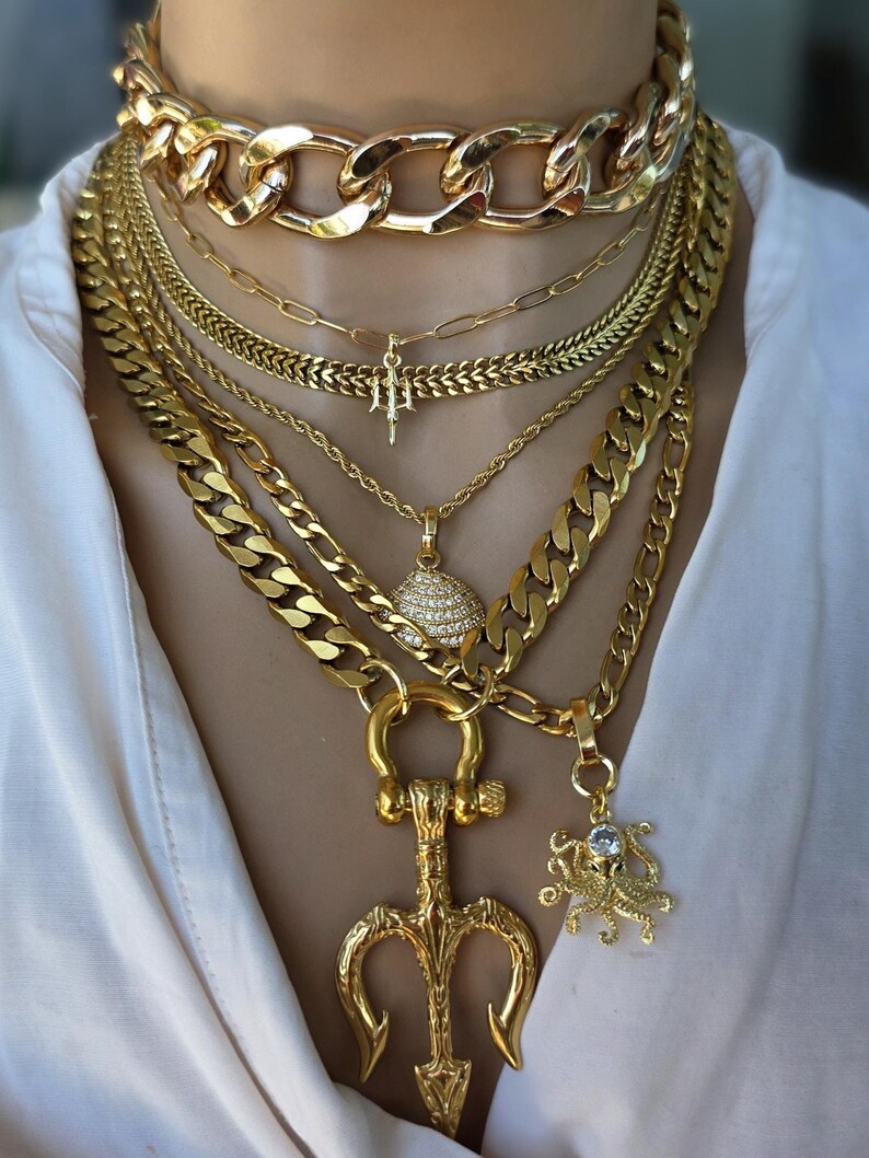 Gold Tritan Ocean Theme Layered Multi Strand Chunky Chain Pendant Necklace Set - Handmade Oversized Stacked statement jewelry gift for her