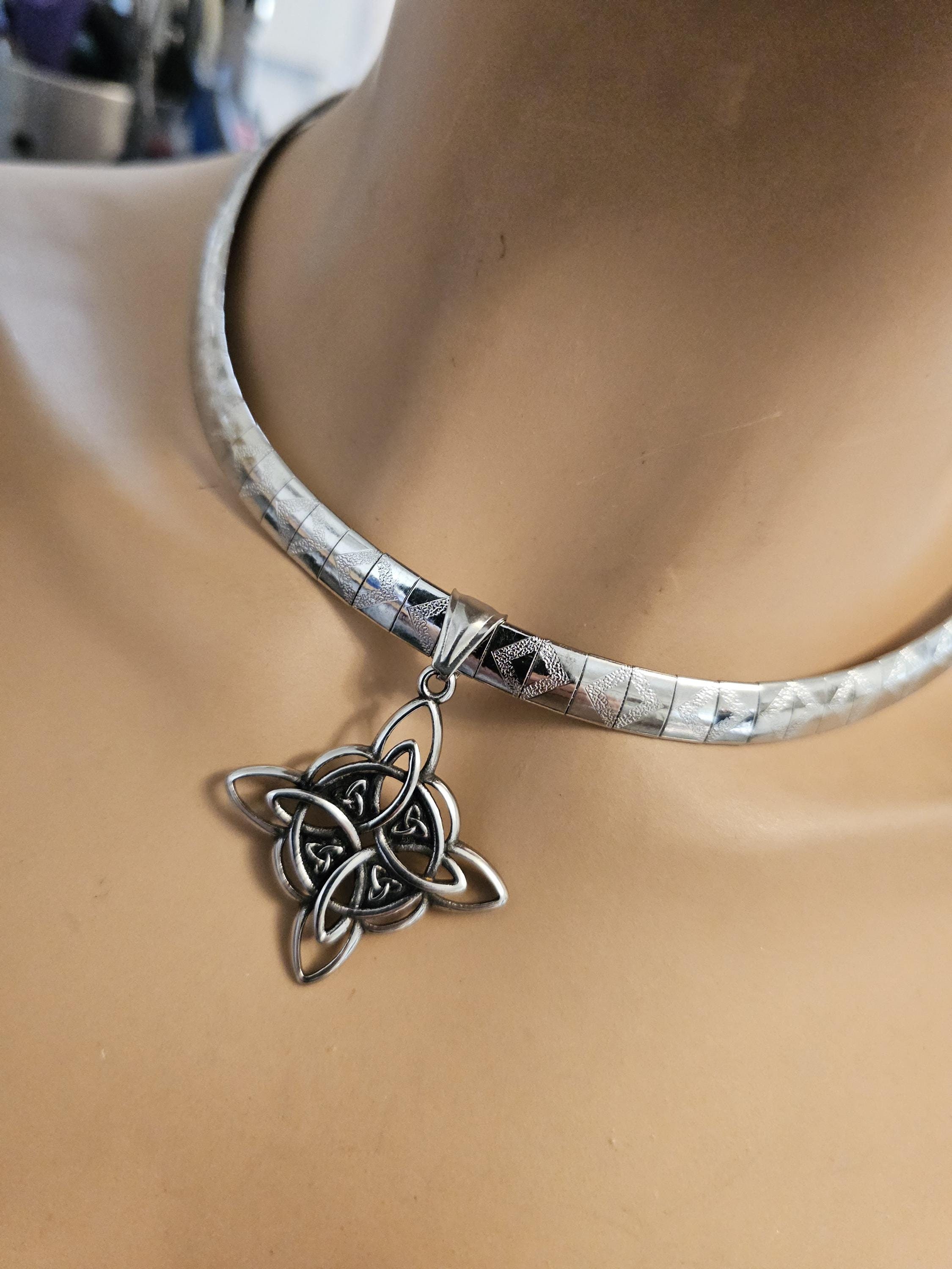 Silver Celtic Witch Knot Pendant Necklaces On Formed Herringbone Chain Witchy Collar Choker - handmade Protection amulet statement jewelry