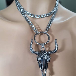 Longhorn Bull Bolero Stainless Steel Necklace - Western Jewelry, Goth Jewelry, Statement Necklace, Cowgirl Cowboy Jewelry, Cattle Skull