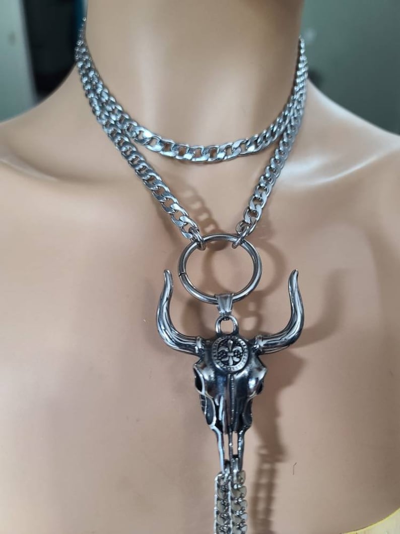 Longhorn Bull Bolero Stainless Steel Necklace - Western Jewelry, Goth Jewelry, Statement Necklace, Cowgirl Cowboy Jewelry, Cattle Skull