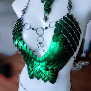 Festival clothing Viking, Dragon, Fairy Scalemail Cosplay Chainmail Renaissance Dress Festival Outfit Corset in Green w/ SNAKE breastplate
