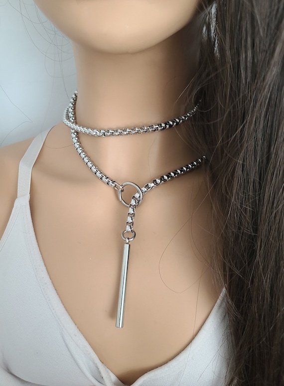 Steel Bar Lariat Layered Slip Chain Choker Collar Necklace Steel Bar Lariat Layered Slip Chain Choker Collar Necklace