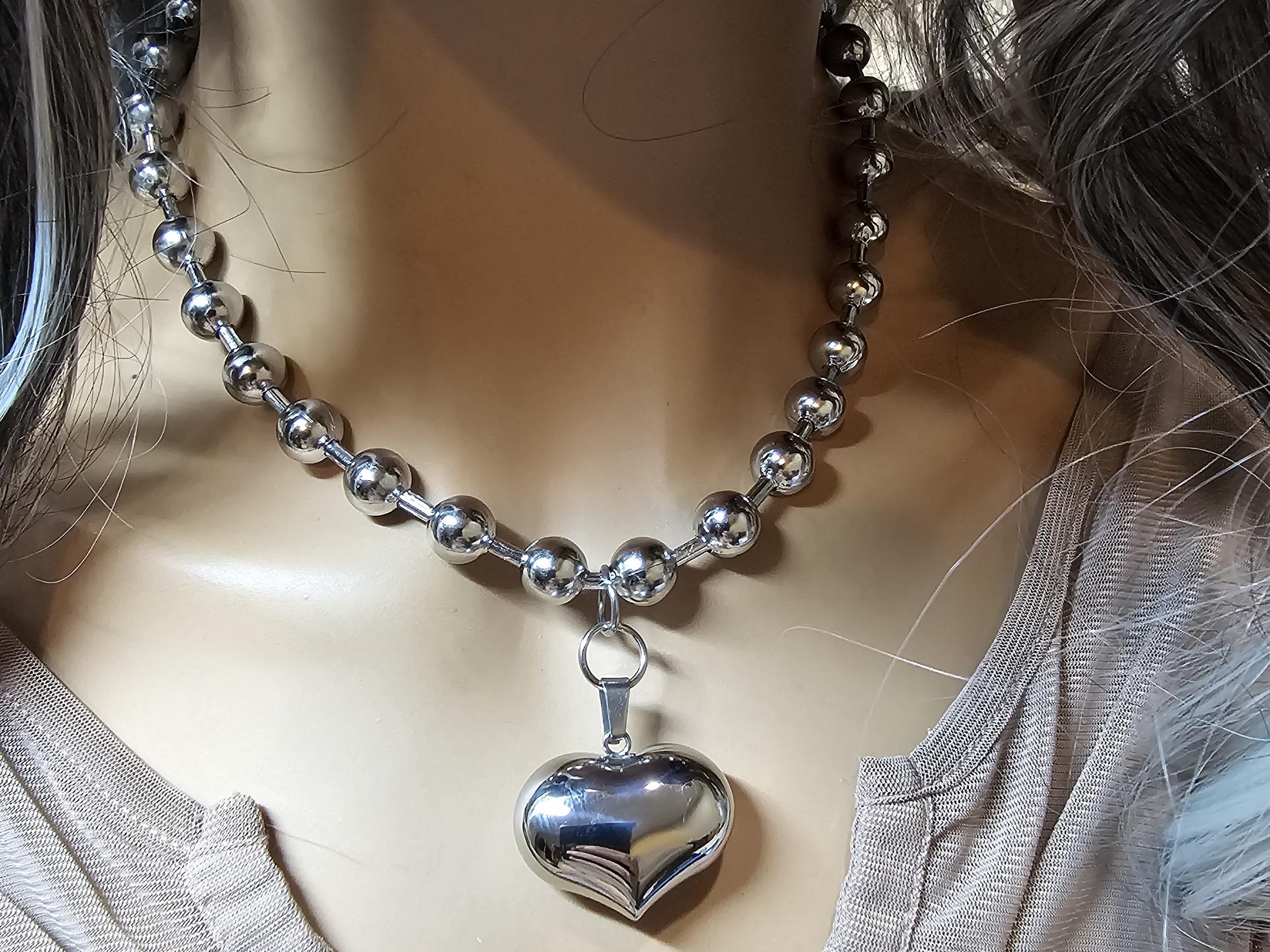 ★VINTAGE HOLLYWOOD★ Petit Heart Ball Chain Necklace Chrome Heart on Ball Chain Pendant Necklace - Puffed Heart