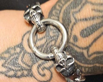 Skull Clasp Stainless Steel Goth Punk Bracelet - Gothic Hardcore Heavy Metal Mens Biker Jewelry