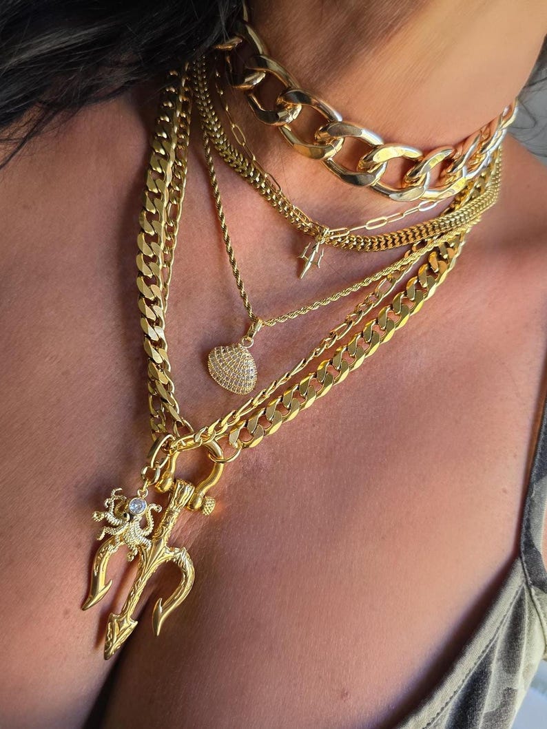 Gold Tritan Ocean Theme Layered Multi Strand Chunky Chain Pendant Necklace Set - Handmade Oversized Stacked statement jewelry gift for her