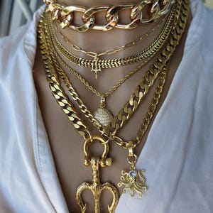 Gold Tritan Ocean Theme Layered Multi Strand Chunky Chain Pendant Necklace Set - Handmade Oversized Stacked statement jewelry gift for her