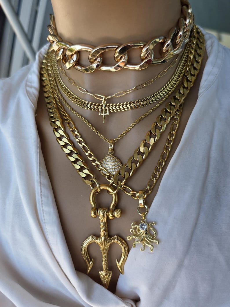 Gold Tritan Ocean Theme Layered Multi Strand Chunky Chain Pendant Necklace Set - Handmade Oversized Stacked statement jewelry gift for her