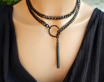 Ensemble collier ras de cou Lariat en acier noir et pendentif barre | Cadeau bijoux fait main tendance esthétique Dark Academia pour elle, punk et gothique