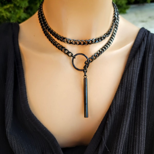 Black Steel Lariat Choker Wrap Necklace Set & Bar pendant | Dark Academia Aesthetic statement handmade jewelry gift for her, Punk and Gothic