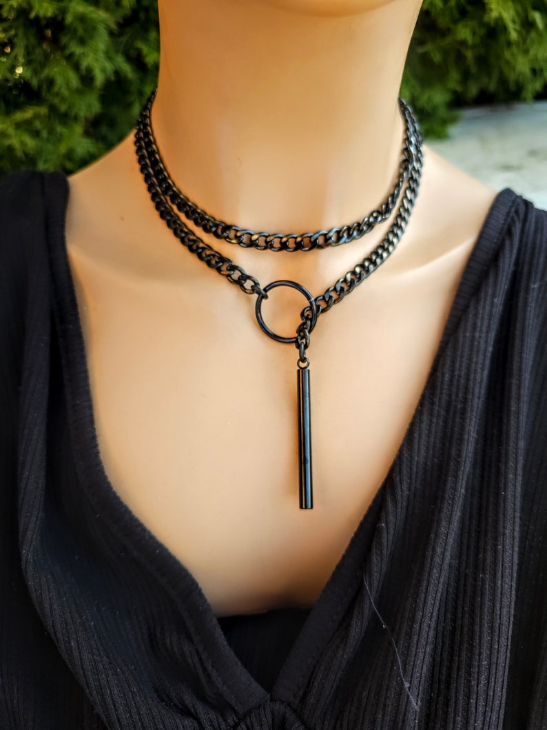 Black Steel Lariat Choker Wrap Necklace Set & Bar pendant Dark Academia Aesthetic statement handmade jewelry gift for her, Punk and Gothic image 1