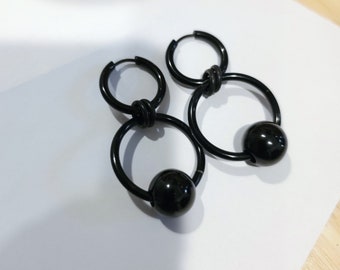 Goth Black Steel Huggie Hoop Punk Dangle Earrings, handmade Gothic grunge jewelry, Y2K