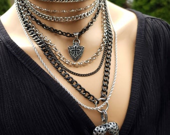 Black Steel Multi Strand Chunky Chain Gothic Choker Collar Layered Necklace Set  waterproof Handmade aesthetic jewelry gift for her