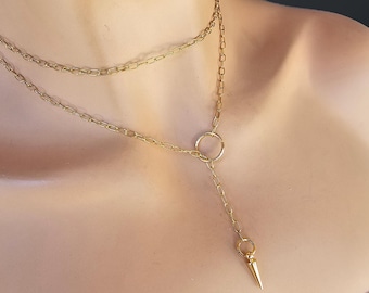 Gold Lariat Dainty Choker Wrap Necklace with Spike pendant | Dark Academia Aesthetic handmade jewelry gift for her, Punk Grunge and Gothic