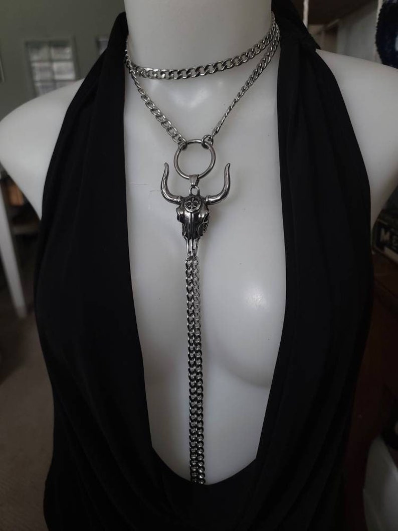 Longhorn Bull Bolero Stainless Steel Necklace - Western Jewelry, Goth Jewelry, Statement Necklace, Cowgirl Cowboy Jewelry, Cattle Skull