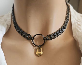 スチールブラック デイカラーチョーカーネックレス ハートロック、ロック式留め金オプション - Devotion Jewelry