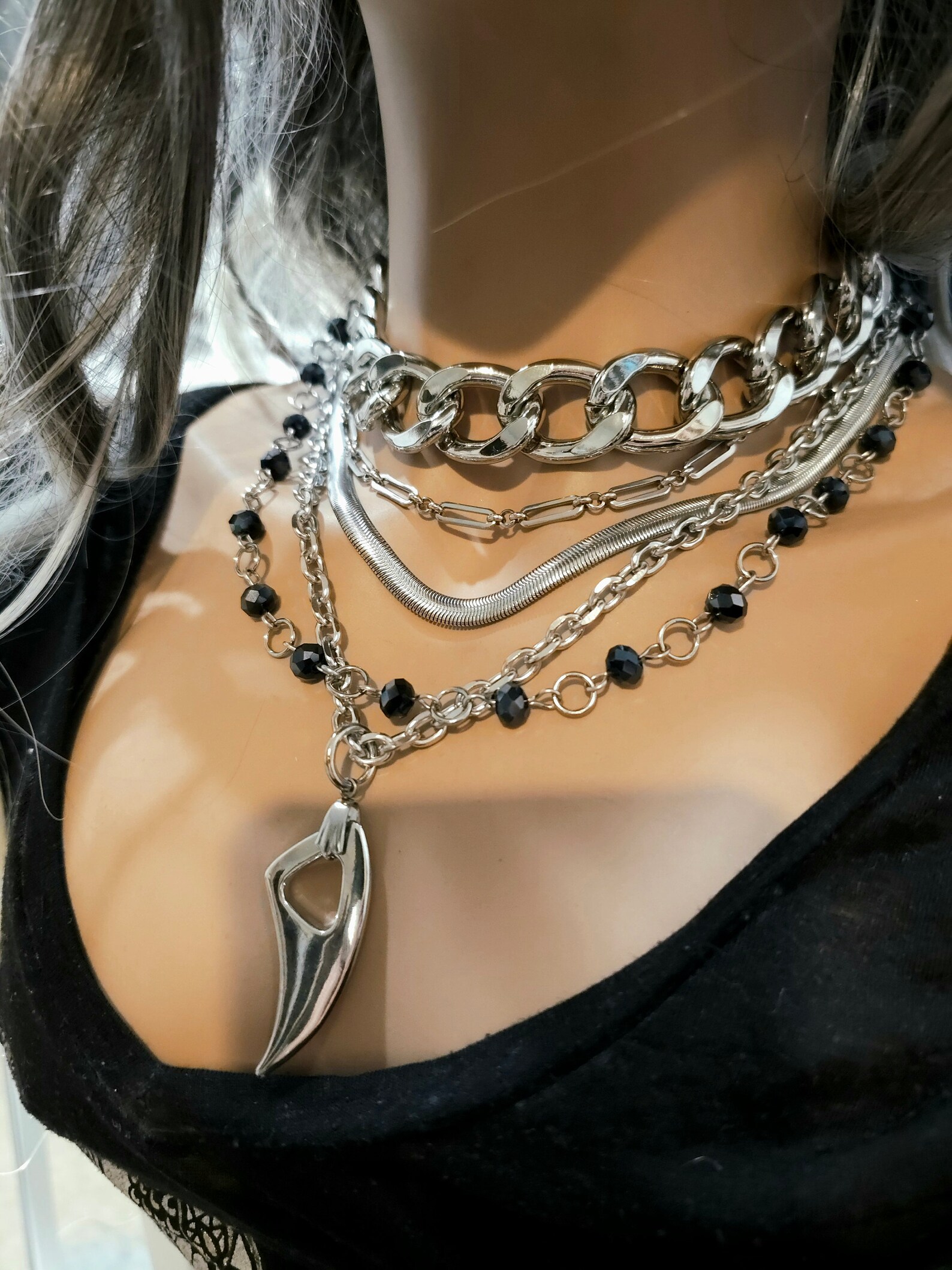 Chunky Chain Goth Choker: Stainless Steel Wolf Fang Layered Necklace ...