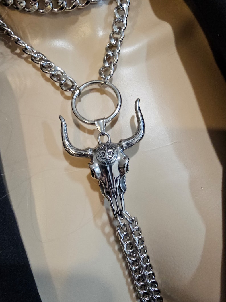Longhorn Bull Bolero Stainless Steel Necklace - Western Jewelry, Goth Jewelry, Statement Necklace, Cowgirl Cowboy Jewelry, Cattle Skull