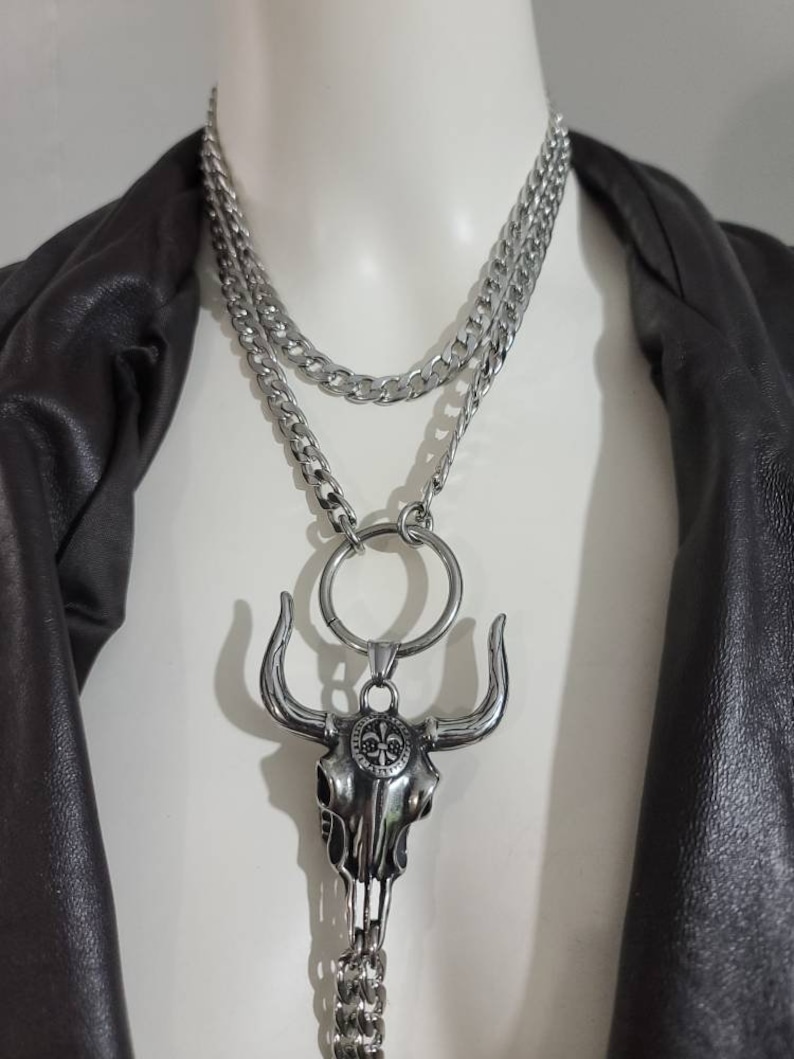 Longhorn Bull Bolero Stainless Steel Necklace - Western Jewelry, Goth Jewelry, Statement Necklace, Cowgirl Cowboy Jewelry, Cattle Skull