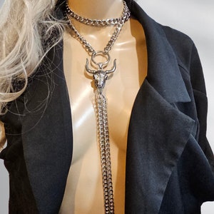 Longhorn Bull Bolero Stainless Steel Necklace - Western Jewelry, Goth Jewelry, Statement Necklace, Cowgirl Cowboy Jewelry, Cattle Skull