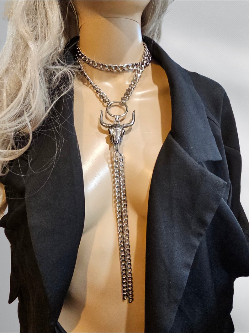 Longhorn Bull Bolero Stainless Steel Necklace - Western Jewelry, Goth Jewelry, Statement Necklace, Cowgirl Cowboy Jewelry, Cattle Skull