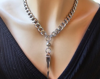 Steel Gothic Spike Necklace: Chunky Punk Chain, Dark Academia Jewelry