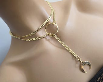 Gold Crescent Moon Witchy Whimsigoth Lariat Choker Slip Chain Layered Necklace | Witch Aesthetic handmade jewelry gift for her