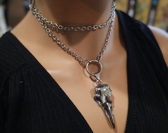 Steel Gothic Punk Choker Collar Raven Bird Skull Layered Necklace Set  - Goth Grunge Viking Aesthetic gift for her