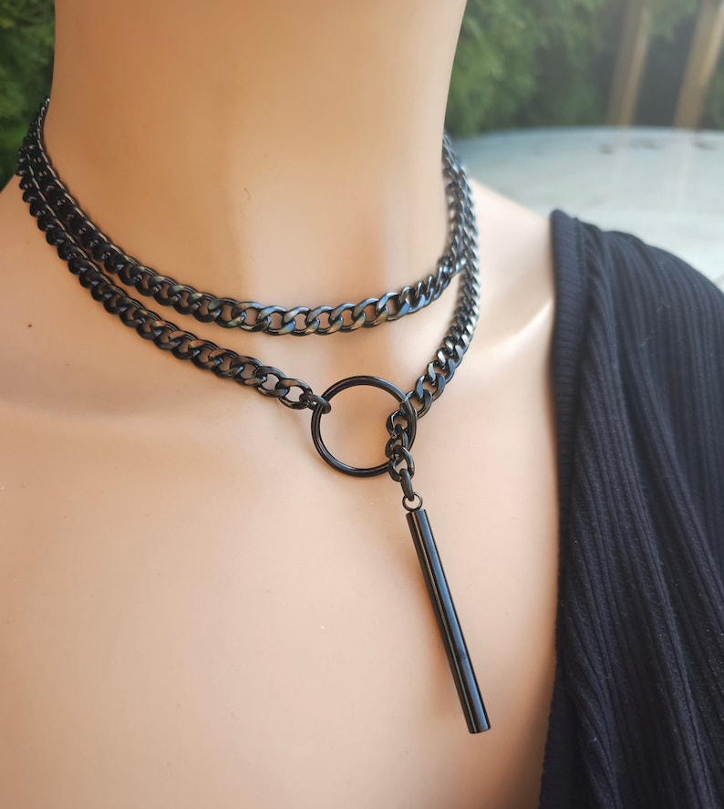 Black Steel Lariat Choker Wrap Necklace Set & Bar pendant Dark Academia Aesthetic statement handmade jewelry gift for her, Punk and Gothic image 10