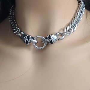 Skull Clasp Steel Chunky Chain Choker: Goth Punk Heavy Metal Viking Necklace