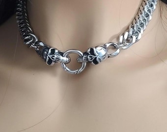 Skull Clasp Steel Chunky Chain Choker: Goth Punk Heavy Metal Viking Necklace