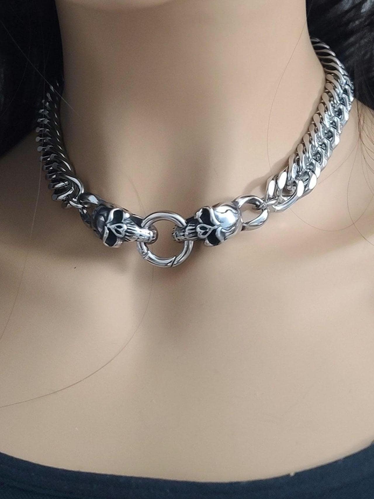 Skull Clasp Steel Chunky Chain Choker: Goth Punk Heavy Metal