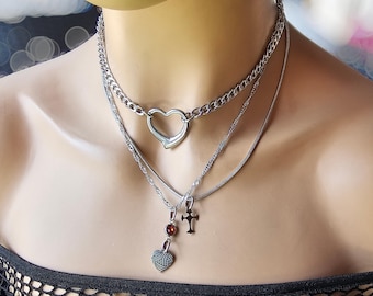 Zestaw naszyjnika choker z wielowarstwowym serduszkiem: łańcuszek warstwowy ze stali nierdzewnej