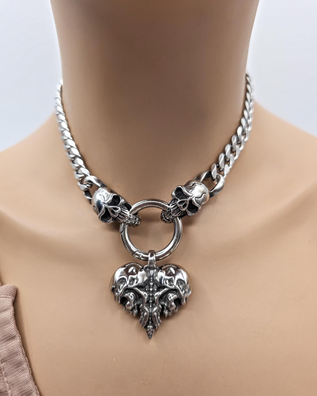 Steel Heavy Duty Skull Clasp Chunky Chain Choker Necklace With