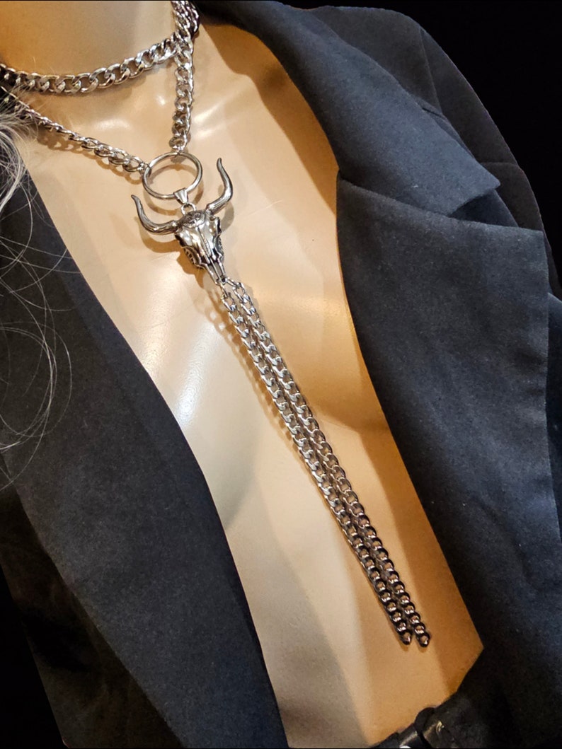 Longhorn Bull Bolero Stainless Steel Necklace - Western Jewelry, Goth Jewelry, Statement Necklace, Cowgirl Cowboy Jewelry, Cattle Skull