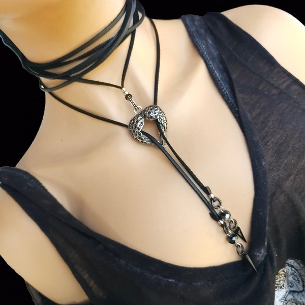 Black Leather Gothic Bolero Wrap Collar Choker Layered Lariat Necklace w/ Spikes Heart - Handmade Grunge Punk Aesthetic Jewelry Gift for Her