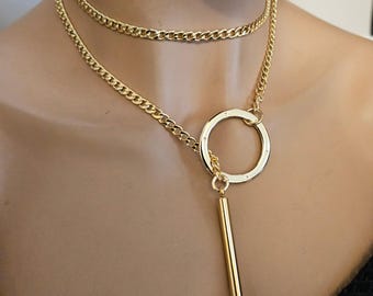Slip Chain Tuggable Lariat  Wrap Choker Bar pendant necklace | Elegant Intimate Couples Handmade Tarnish Resistant Gold Jewelry Gift for Her