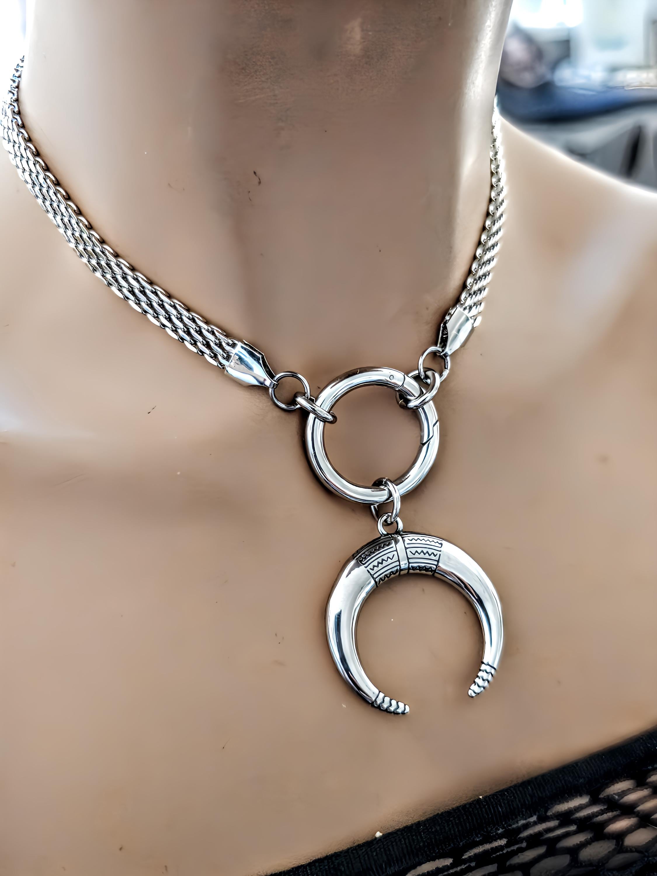 Crescent Moon Horn Pendant Witchy Choker Necklace with Ring Clasp | Waterproof non tarnish Steel handmade jewelry gift for her