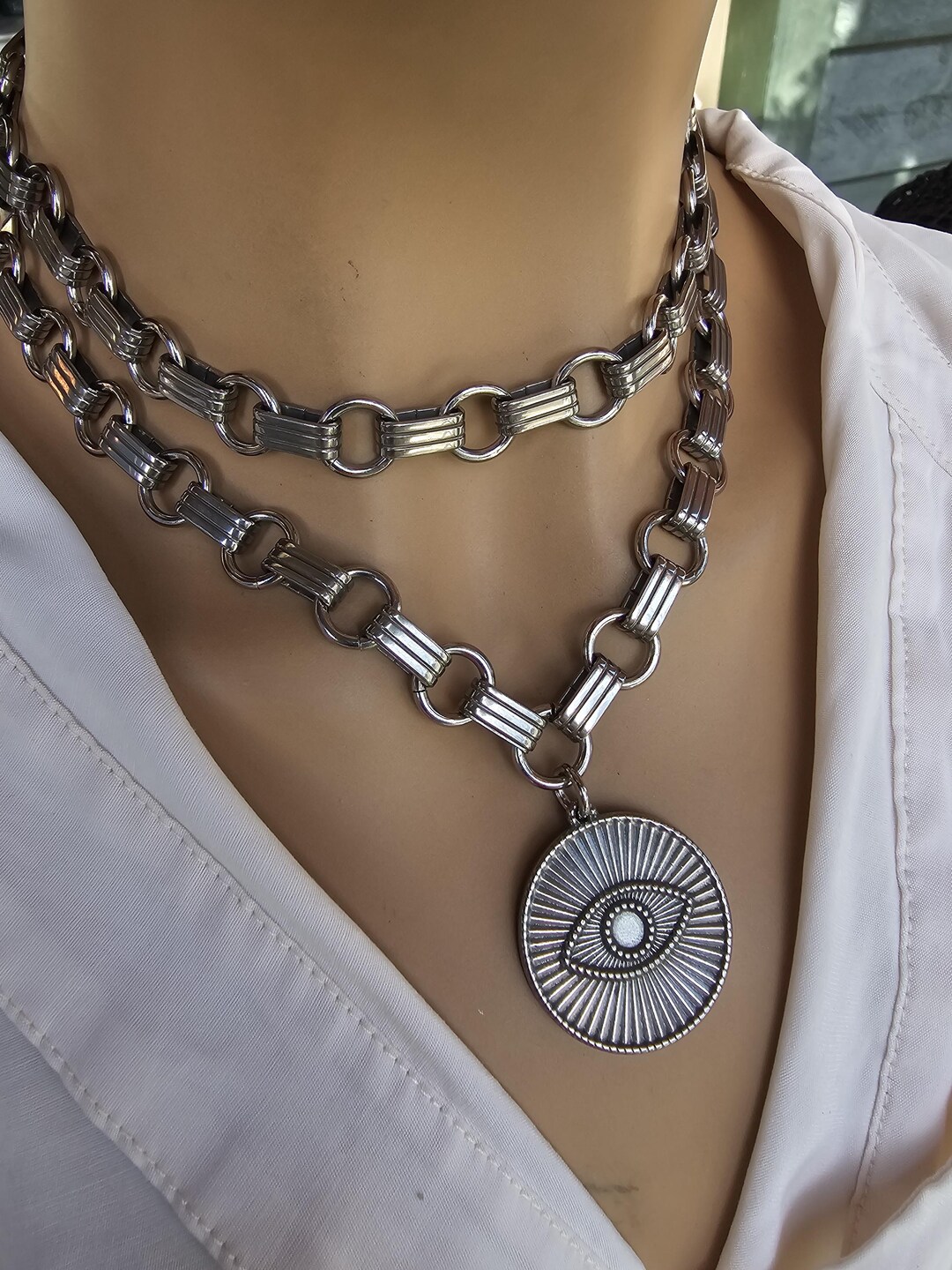 Evil Eye Pendant Chainmail Chunky Necklace Layered Set - Protection ...