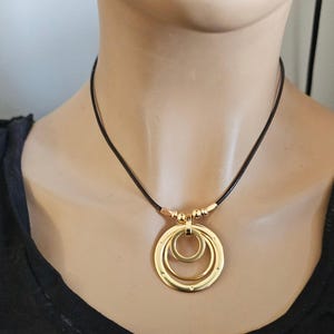 Handmade Leather & Gold Eternity Circles Boho Summer Style Pendant Necklace - Leather Jewelry Choker Gift for Her, Statement Necklace