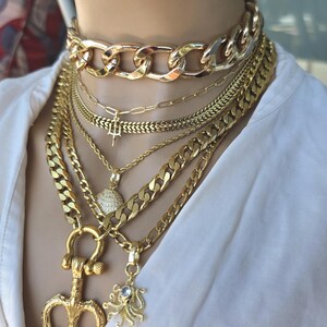 Gold Tritan Ocean Theme Layered Multi Strand Chunky Chain Pendant Necklace Set - Handmade Oversized Stacked statement jewelry gift for her