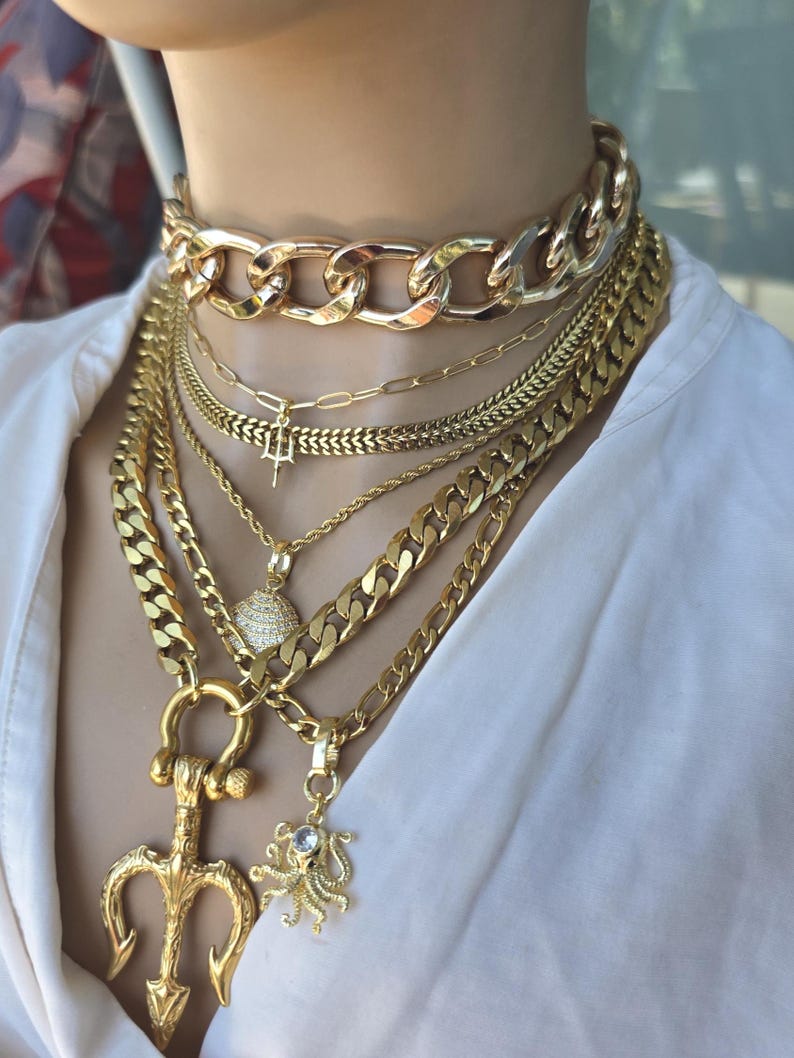 Gold Tritan Ocean Theme Layered Multi Strand Chunky Chain Pendant Necklace Set - Handmade Oversized Stacked statement jewelry gift for her