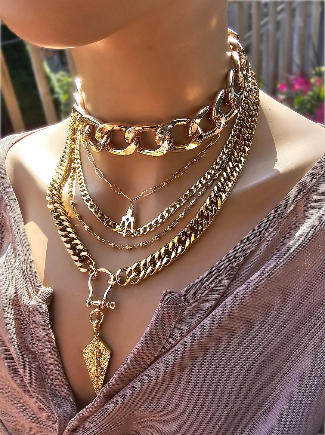 Gold Layered Multi Strand Chunky Chain Gothic Choker Collar