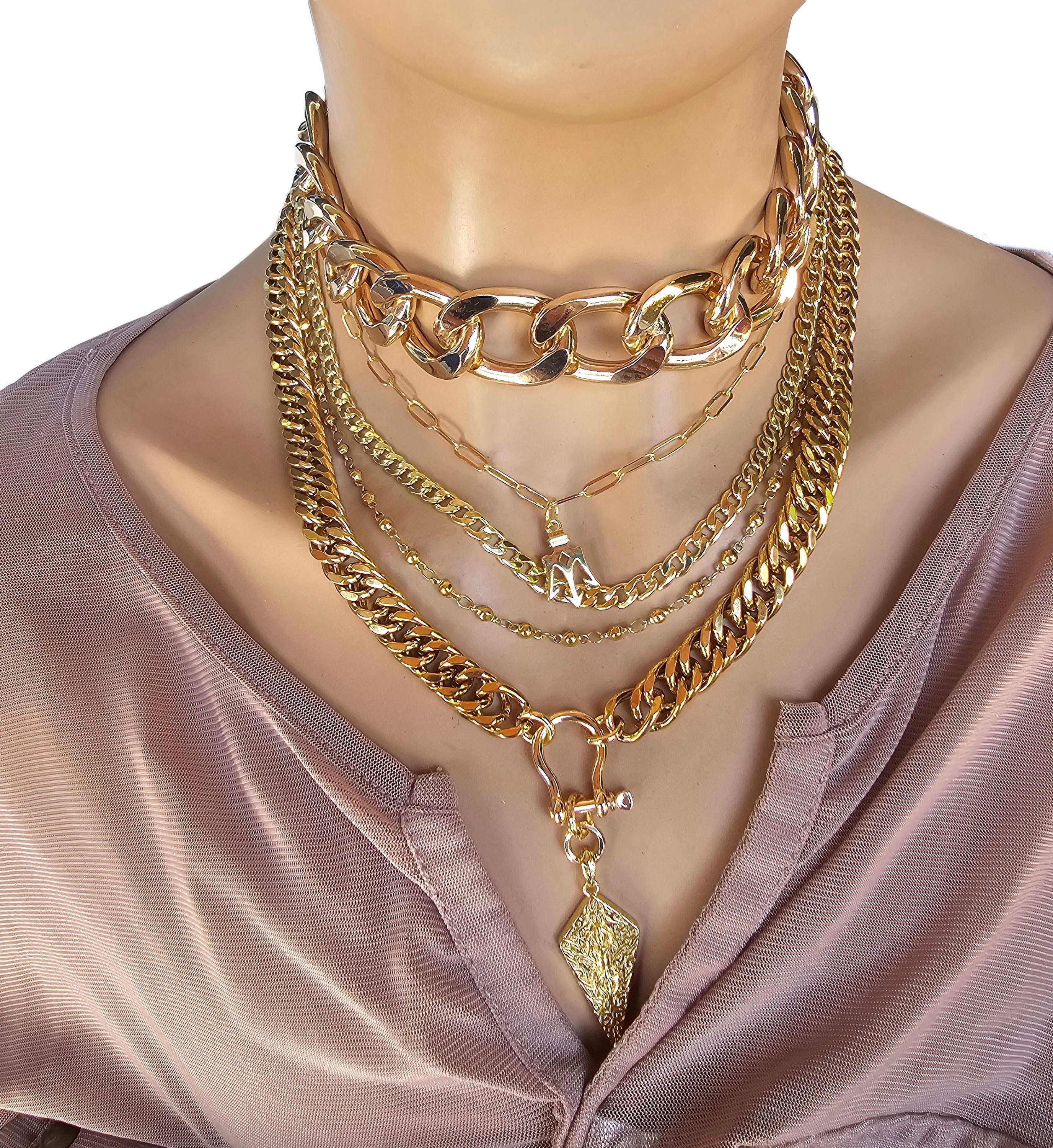 Gold Layered Multi Strand Chunky Chain Choker Collar Necklace Set