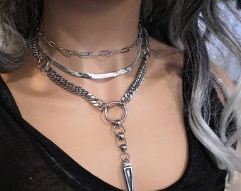 Dikke ketting Goth Punk gelaagde ketting set choker | Handgemaakte, stalen alt punk gothic statement ketting cadeau voor haar, spike doodskist nagel