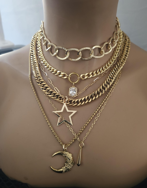 Gold Layered Bold Maximalist Necklace Set Moon & Star Pendants